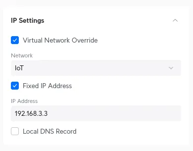 Screenshot of the UniFi UI showing the IP Settings section, with a Virtual Network Override and Fixed IP Address setting