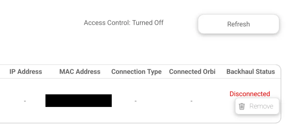 Screenshot of the Netgaer Orbi interface, showing Backhaul Status as Disconnected