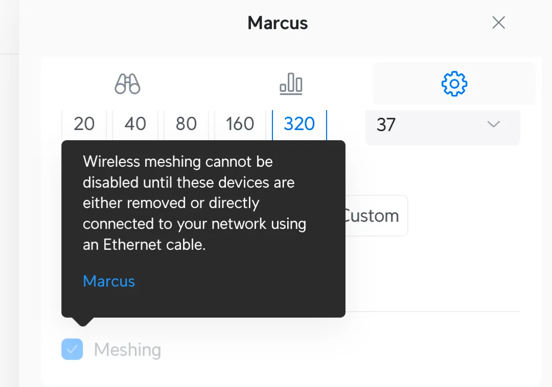 Screenshot of the UniFi web UI showing Marcus meshed with itself in a tooltip
