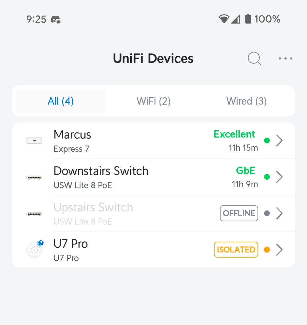 Screenshot of the UniFi mobile app showing the four connected devices