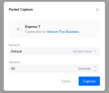 Screenshot of the UniFi UI showing the packet capture modal