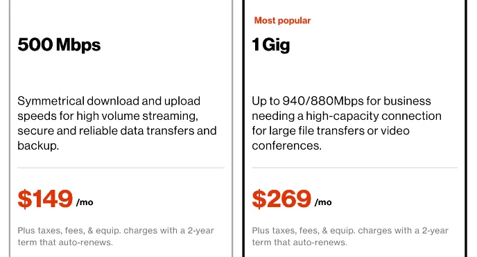 Screenshot of the Verizon site showing 500 Mbps for $149/mo and 1 Gig for $269/mo