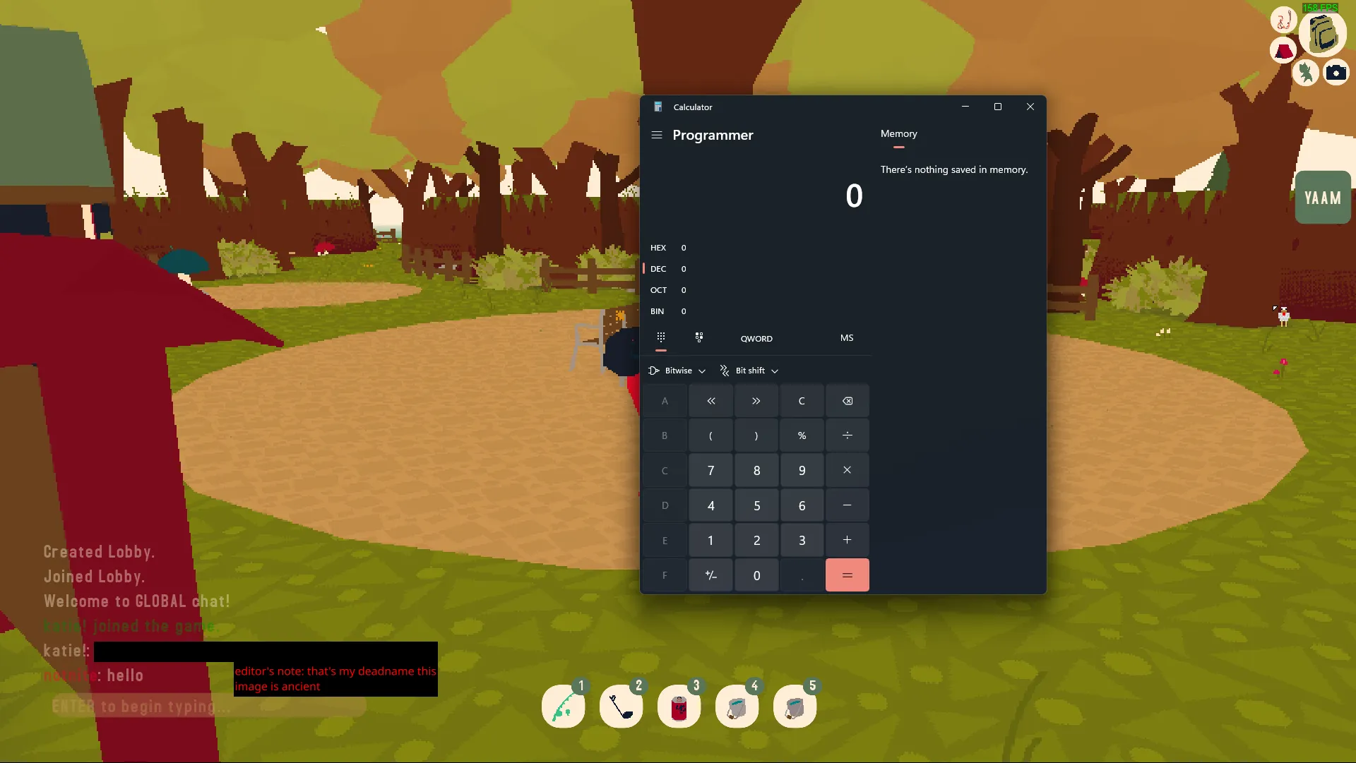 Windows 10's Calculator open in front of WEBFISHING