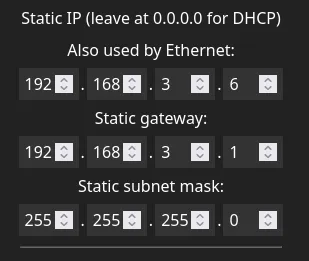 Screenshot of the WLED UI showing the Static IP input